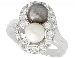 Cultured Pearl and 0.95ct Diamond, 14ct White Gold Dress Ring - Vintage Circa 1960