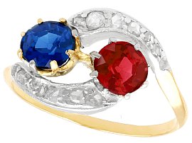 0.68ct Spinel and 1.02ct Sapphire, 18ct Yellow Gold Twist Ring - Antique Circa 1910