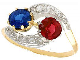 0.68 ct Spinel and 1.02 ct Sapphire, 18 ct Yellow Gold Twist Ring - Antique Circa 1910