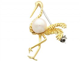 Cultured Pearl and 18 ct Yellow Gold 'Flamingo' Brooch - Vintage Circa 1950