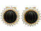 Black Onyx and 0.45 ct Diamond, 14 ct Yellow Gold Earrings - Vintage Circa 1970