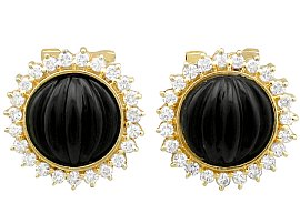 Black Onyx and 0.45ct Diamond, 14ct Yellow Gold Earrings - Vintage Circa 1970