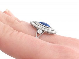 Marquise Sapphire and Diamond Ring Side On Wearing 