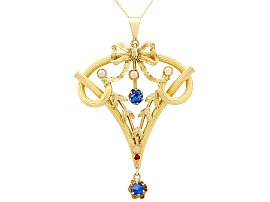 0.12ct Ruby and Sapphire, Seed Pearl and 21ct Yellow Gold Pendant - Art Nouveau - Antique Circa 1900