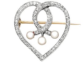 0.58ct Diamond and Seed Pearl, 18ct Yellow Gold 'Heart' Brooch - Antique Circa 1890