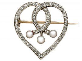 0.58 ct Diamond and Seed Pearl, 18 ct Yellow Gold 'Heart' Brooch - Antique Circa 1890