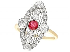 0.62ct Ruby and 1.88ct Diamond, 18ct Yellow Gold Marquise Ring - Art Deco - Antique Circa 1920