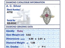 Ruby and Diamond Marquise Ring Grading Card