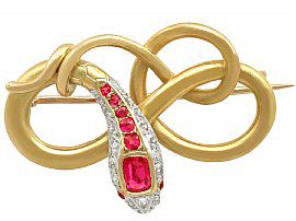 0.59 ct Ruby and 0.08 ct Diamond, 22 ct Yellow Gold Snake Brooch - Antique Victorian