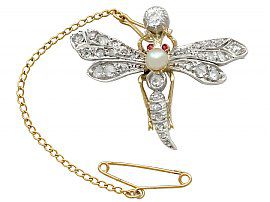 1.30ct Diamond and Pearl, Ruby and 9ct Yellow Gold 'Dragonfly' Brooch - Antique Victorian