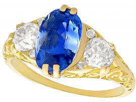 3.11 ct Sapphire and 0.90 ct Diamond, 18 ct Yellow Gold Trilogy Ring - Antique Victorian