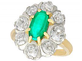 1.50 ct Emerald and 2.85 ct Diamond, 18 ct Yellow Gold Cluster Ring - Antique French Circa 1920