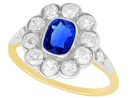 1.28ct Sapphire and 1.65ct Diamond, 14ct Yellow Gold Cluster Ring - Antique Hungarian Circa 1890