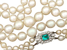 Vintage Double Strand Pearl Emerald and DiamondNecklace