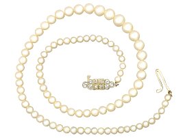 Single Strand Pearl Necklace with 0.56ct Diamond and 15 ct Yellow Gold Clasp - Antique and Vintage