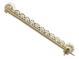 0.60 ct Diamond and Pearl, 15 ct Yellow Gold Bar Brooch - Antique Circa 1910