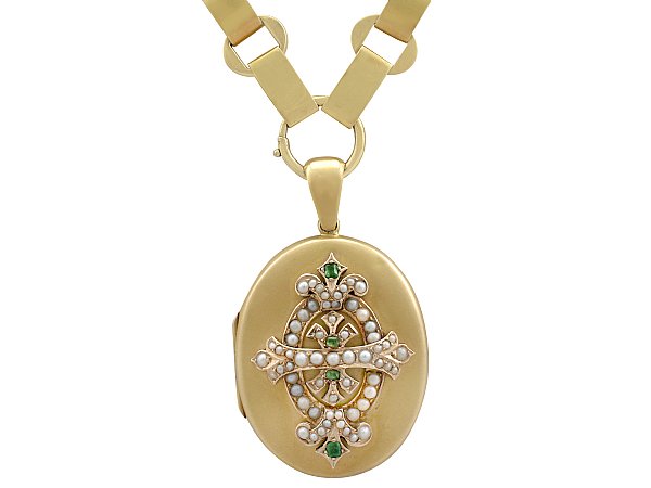0.15 ct Emerald and Seed Pearl, 15 ct Yellow Gold Locket - Antique Victorian