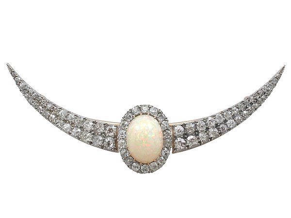4.75ct Opal and 4.45ct Diamond, 9ct Yellow Gold Crescent Brooch - Antique Victorian