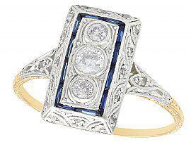 0.37 ct Diamond and 0.16 ct Sapphire, 14 ct Yellow Gold Dress Ring - Art Deco - Antique Circa 1920