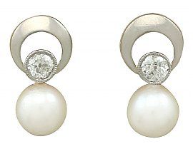 0.40 ct Diamond and Cultured Pearl, 14 ct Yellow Gold Earrings - Vintage Circa 1960