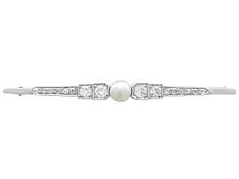 Pearl and 1.45ct Diamond, 14ct White Gold Bar Brooch - Art Deco Style - Vintage Circa 1960