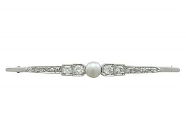 Pearl and 1.45 ct Diamond, 14 ct White Gold Bar Brooch - Art Deco Style - Vintage Circa 1960
