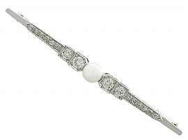 Pearl and 1.45 ct Diamond, 14 ct White Gold Bar Brooch - Art Deco Style - Vintage Circa 1960