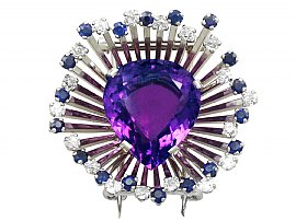 21.88ct Amethyst and 1.80ct Diamond, 1.44ct Sapphire and 18ct White Gold Brooch - Vintage Circa 1970