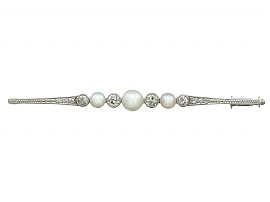 0.39 ct Diamond and Pearl, 14 ct White Gold Bar Brooch - Antique Circa 1920