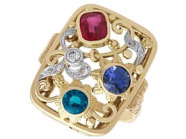 Synthetic Ruby and Sapphire, 0.48 ct Zircon and 0.10 ct Diamond, 14 ct Yellow Gold Dress Ring - Vintage Circa 1940