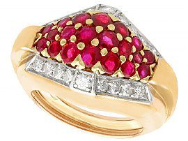 1.38ct Ruby and 0.57ct Diamond, 14ct Yellow Gold Dress Ring - Art Deco Style - Vintage Circa 1950