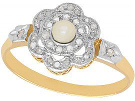 Seed Pearl and 0.18 ct Diamond, 18 ct Yellow Gold Cluster Ring - Antique French Circa 1910