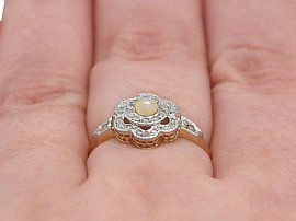 Seed Pearl and Diamond Ring Wearing Finger