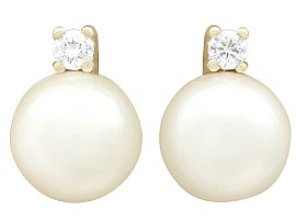 Cultured Pearl and Diamond, 14ct Yellow Gold Stud Earrings - Vintage Circa 1970