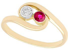 0.15ct Ruby and 0.09ct Diamond, 14ct Yellow Gold Twist Ring - Vintage Circa 1940