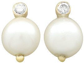 Cultured Pearl and Diamond, 14ct Yellow Gold Stud Earrings - Vintage Circa 1970