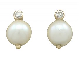 Cultured Pearl and Diamond, 14 ct Yellow Gold Stud Earrings - Vintage Circa 1970