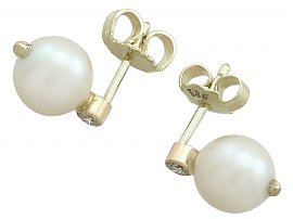Cultured Pearl and Diamond, 14 ct Yellow Gold Stud Earrings - Vintage Circa 1970