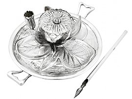 Sterling Silver 'Water Lily' Inkwell and Quill - Antique Victorian 1890