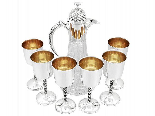 Sterling Silver Mounted Glass Claret Jug and Matching Goblets by Anthony Elson - Vintage (1974)