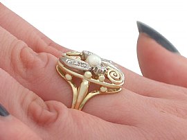 Pearl and Diamond Ring Yellow Gold on the hand