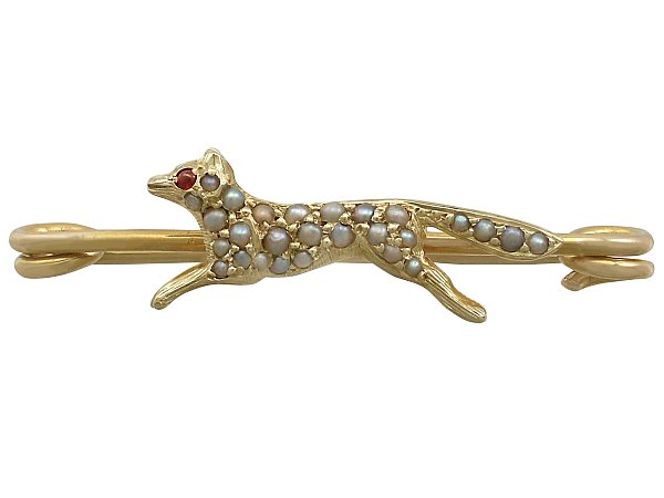  Seed Pearl and Ruby, 15 ct Yellow Gold 'Fox' Brooch - Antique Circa 1890