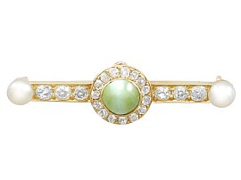 1.55ct Chrysoberyl and 1.10ct Diamond, Pearl and 18ct Yellow Gold Bar Brooch - Antique Victorian