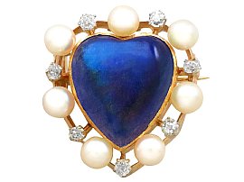 3.98ct Labradorite and Seed Pearl, 0.30ct Diamond and 9ct Yellow Gold Brooch - Antique Victorian