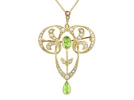 1.01ct Peridot and Seed Pearl, 18ct Yellow Gold Pendant / Brooch - Art Nouveau - Antique Circa 1910