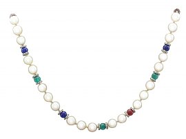 Cultured Pearl, Diamond, Sapphire, Emerald, Ruby and 14 ct Yellow Gold Necklace - Vintage Circa 1980