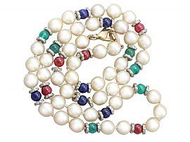 Cultured Pearl, Diamond, Sapphire, Emerald, Ruby and 14ct Yellow Gold Necklace - Vintage Circa 1980
