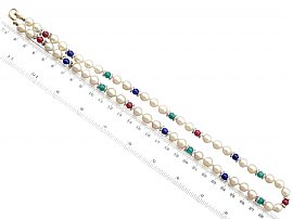 Cultured Pearl, Diamond, Sapphire, Emerald, Ruby and 14ct Yellow Gold Necklace - Vintage Circa 1980