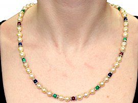 Cultured Pearl, Diamond, Sapphire, Emerald, Ruby and 14 ct Yellow Gold Necklace - Vintage Circa 1980