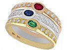0.28 ct Ruby, 0.28 ct Sapphire, 0.18 ct Emerald, 0.60 ct Diamond and 18 ct Gold Dress Ring - Vintage Circa 1970